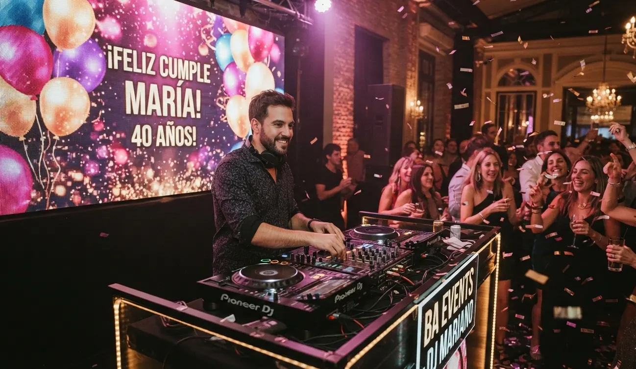 DJ para cumpleaños tocando en vivo con iluminación festiva en un evento en Buenos Aires